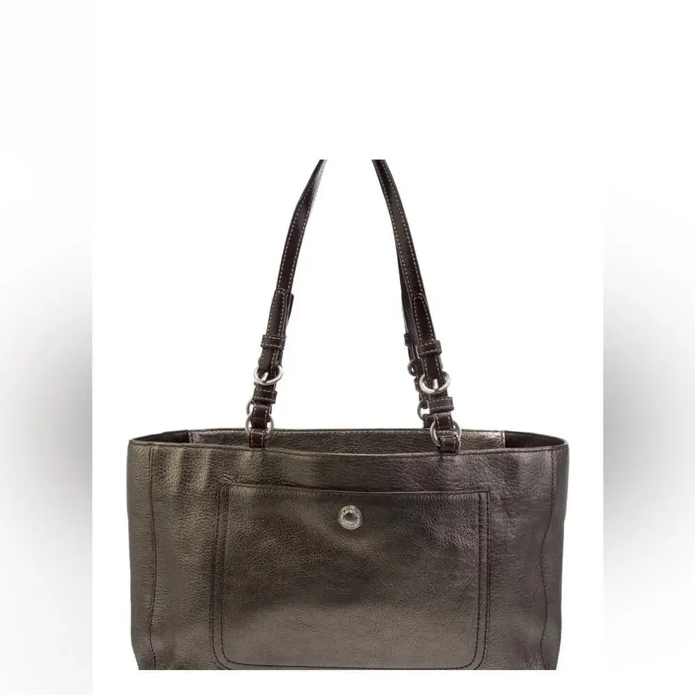 Elegant Coach Metallic Tote Bag with brown leather handles. Pre-loved.